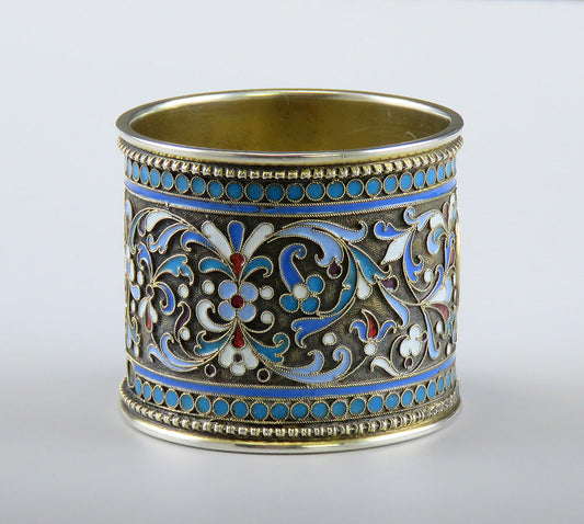 Ornate Antique 1892 Russian Gilded Silver Cloisonné Enamel Napkin Ring