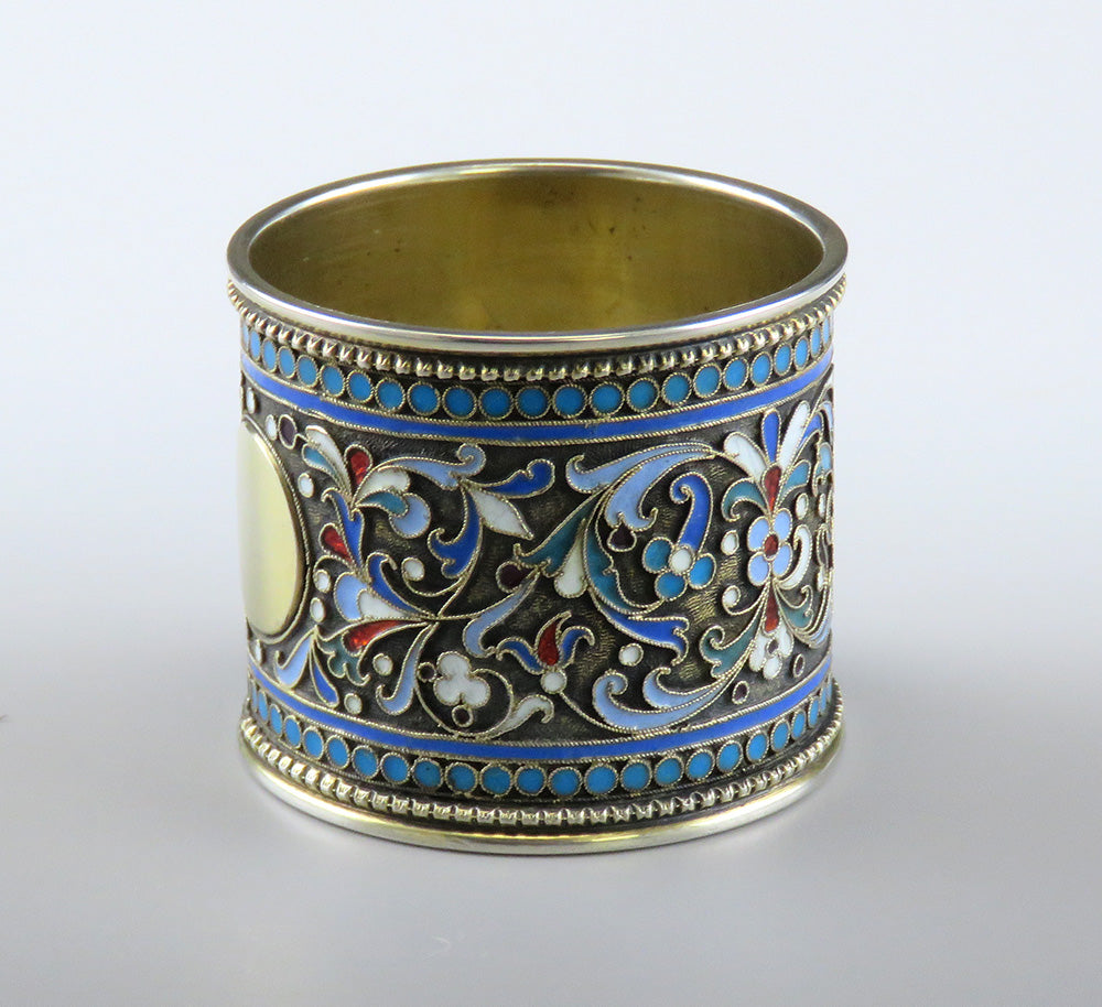 Ornate Antique 1892 Russian Gilded Silver Cloisonné Enamel Napkin Ring