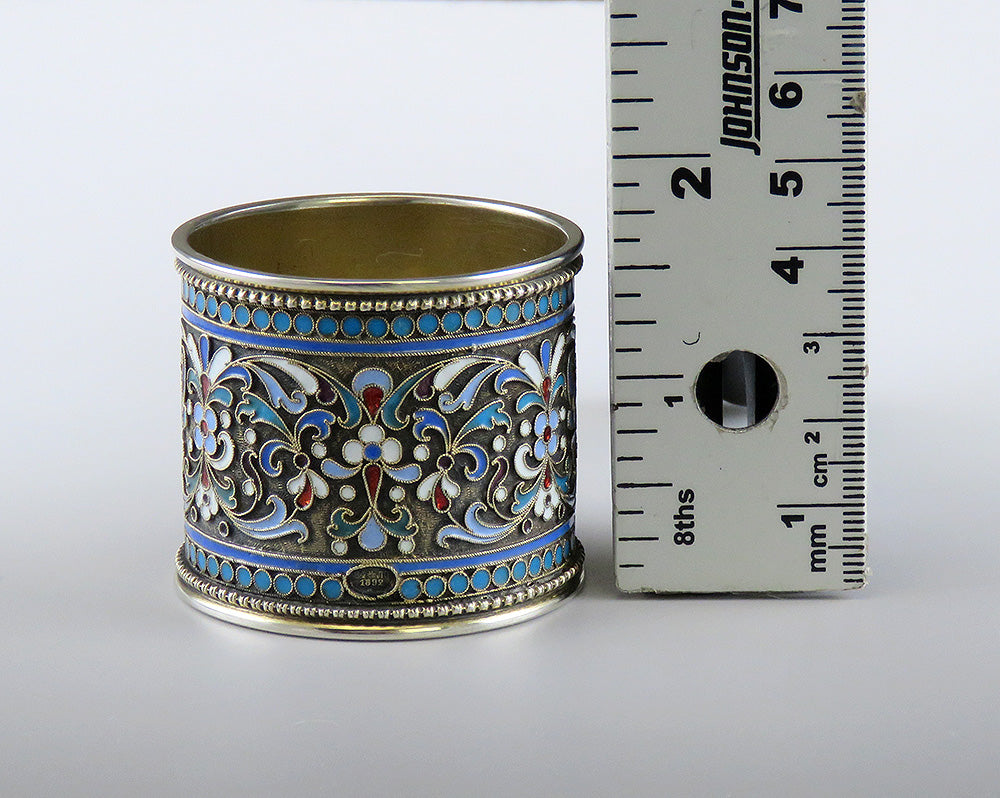 Ornate Antique 1892 Russian Gilded Silver Cloisonné Enamel Napkin Ring