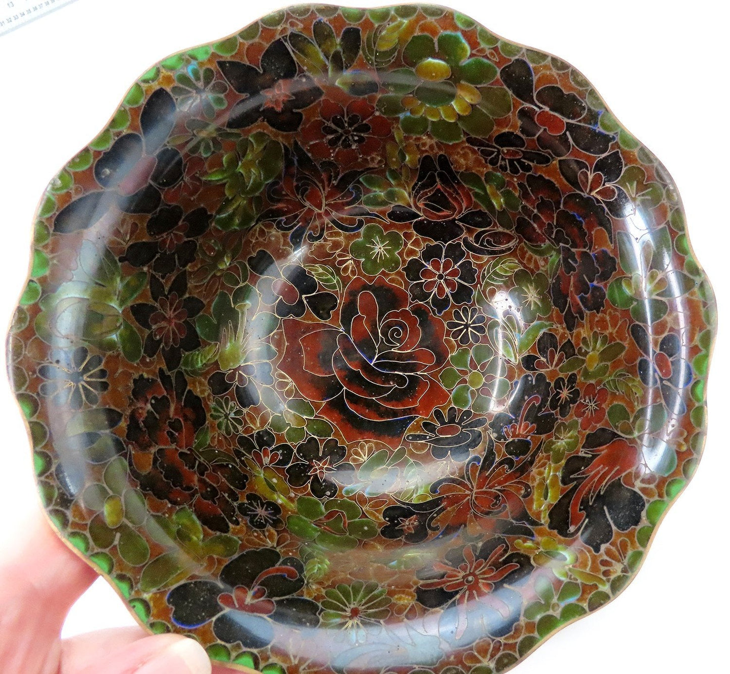 Beautiful VTG Chinese or Japanese Cloisonne Enamel Rose Floral Bowl