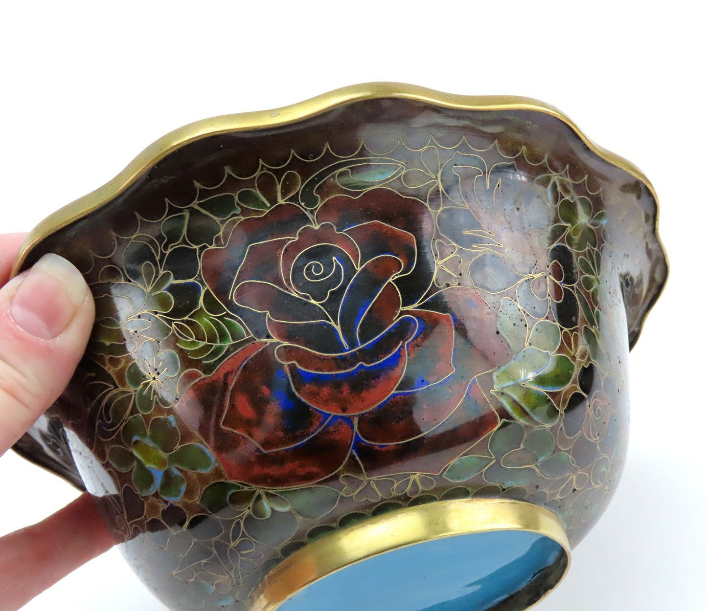 Beautiful VTG Chinese or Japanese Cloisonne Enamel Rose Floral Bowl