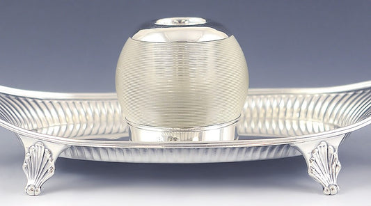 Antique Victorian 1885 English Sterling Silver Glass Inkwell Footed Tray
