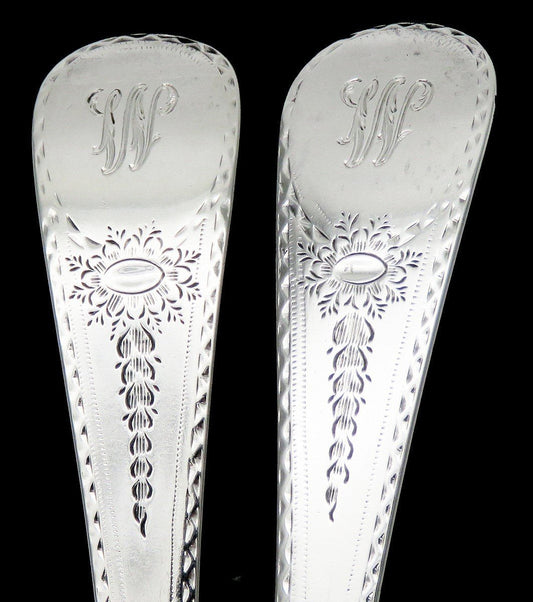 1783 Antique English Sterling Silver Serving Spoon Pair W Monogram 8 1/2 inches