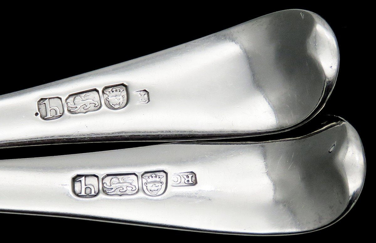 1783 Antique English Sterling Silver Serving Spoon Pair W Monogram 8 1/2 inches