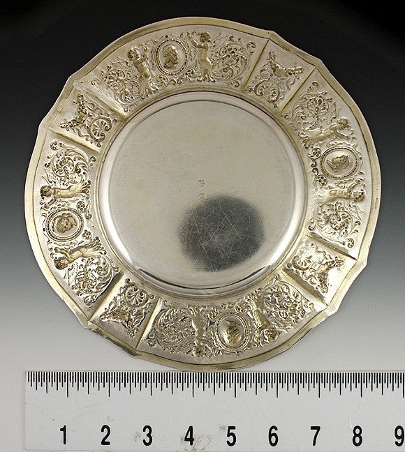 Antique c1900 European Silver Gold Wash Gilt Medallion Plate Charger 8 1/2"