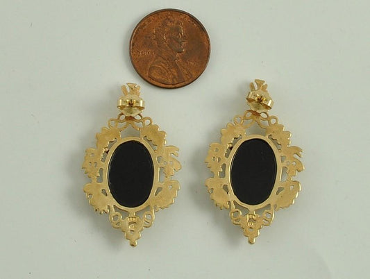 Kabana 14k Yellow Gold Glass Cameo Earrings Woman w/ Flowers, Grape Vines
