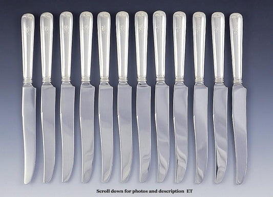 Fantastic Set 12 American Sterling Silver Handle Fiddle Thread Dinner Knives