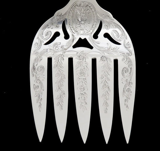 c1860 Fabulous Sterling Silver Serving Fork Hand Engraved Tines 11 5/8 Inches