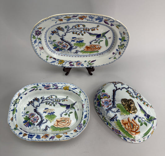 Davenport Stone China Flying Bird Pattern Covered Entree c1810