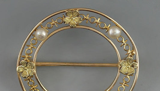 c1900 Antique American 10k 2-Tone Gold Pearl Floral Filigree Circle Pin Brooch