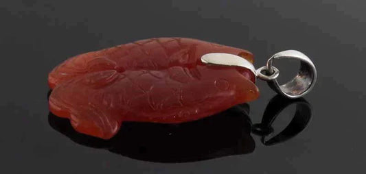Wonderful Chinese Red Jadeite & Sterling Silver Double Fish Pisces Pendant
