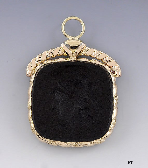American Victorian 10k Gold Carved Carnelian Fob Greco-Roman Mars Ares Intaglio