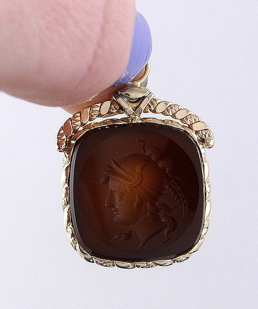 American Victorian 10k Gold Carved Carnelian Fob Greco-Roman Mars Ares Intaglio