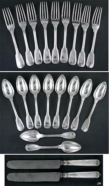 21pc Antique c1820 Italian Silver Fiddle Thread Fork Spoon Knife Flatware Set