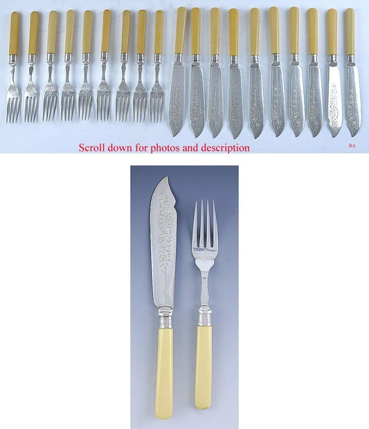 Engraved 1906 English Boxed Silver/Celluloid Fish Set for 9