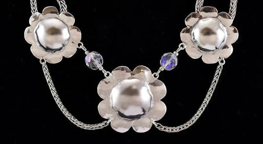 One-of-a-kind Vintage Sterling Silver Necklace Flowers Beads Foxtail Chain