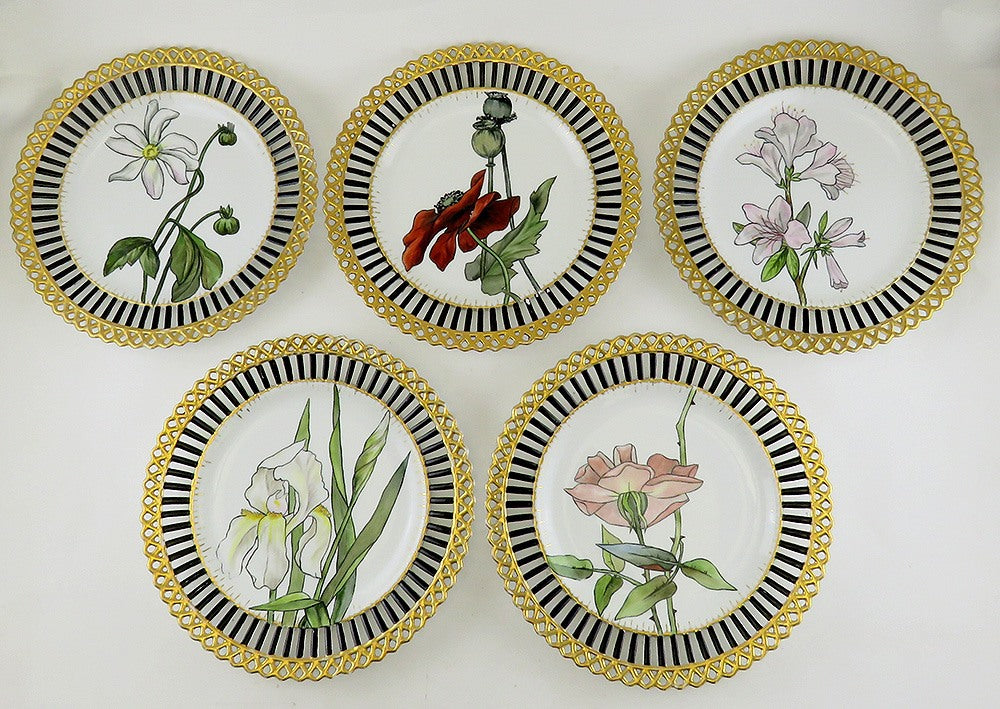 Elegant set 5 Antique Hand Painted Floral Reticulated Gilt 9" Plates