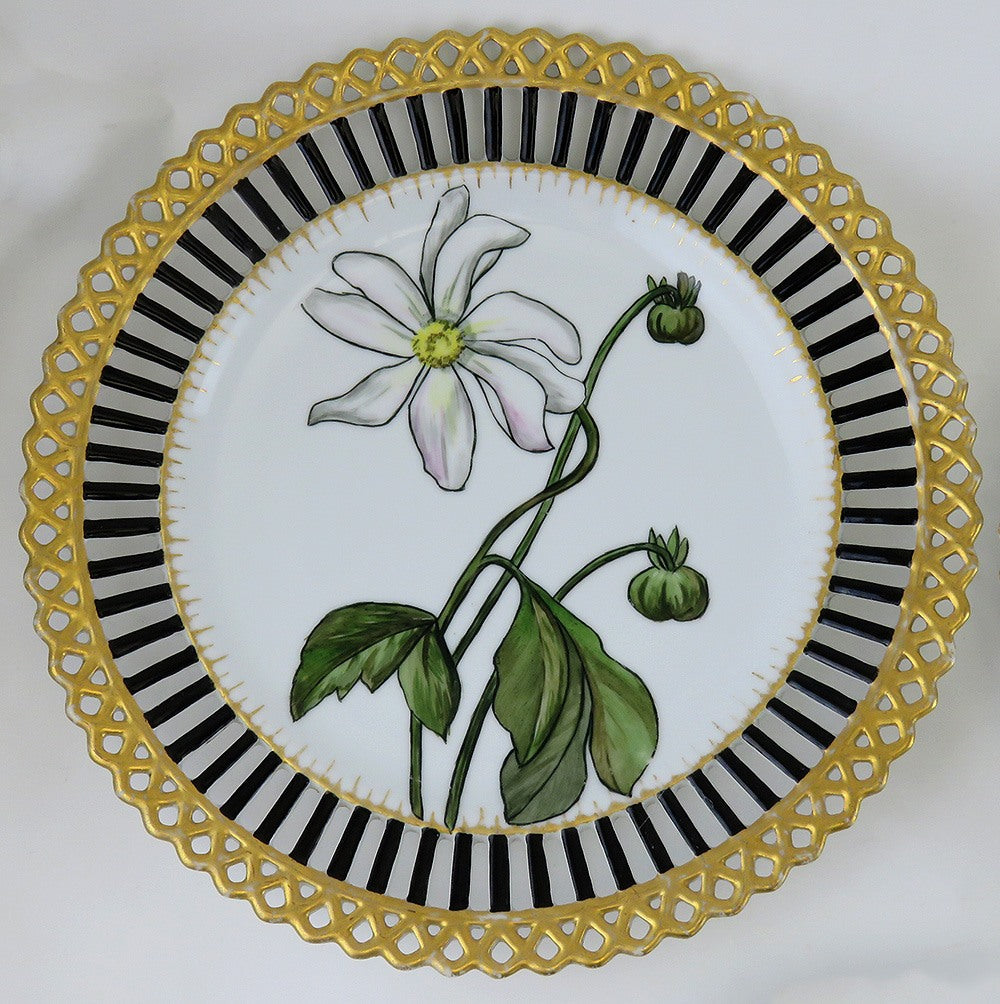 Elegant set 5 Antique Hand Painted Floral Reticulated Gilt 9" Plates