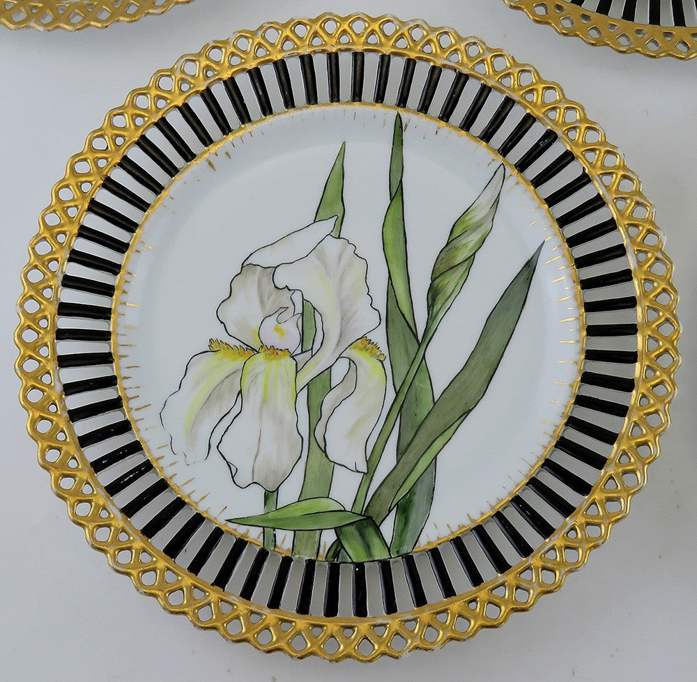 Elegant set 5 Antique Hand Painted Floral Reticulated Gilt 9" Plates