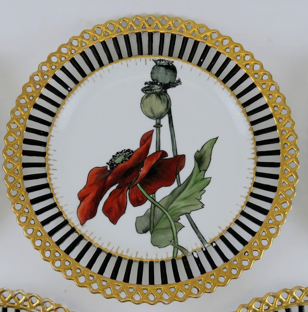 Elegant set 5 Antique Hand Painted Floral Reticulated Gilt 9" Plates