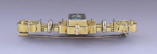 Antique 1800s Beautiful 10k Gold Pietra Dura Renaissance Revival Pin Brooch