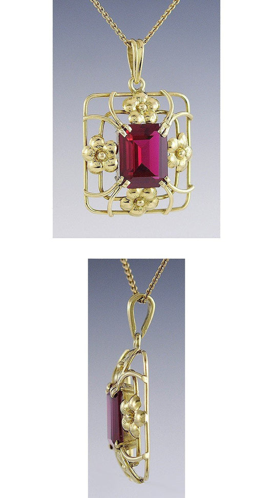 Stunning 18K Yellow Gold Lab-Created Ruby Flower Pendant