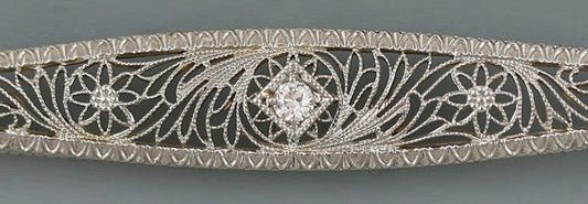 Antique 14k Yellow Gold Filigree Diamond Bar Pin c1910 Brooch