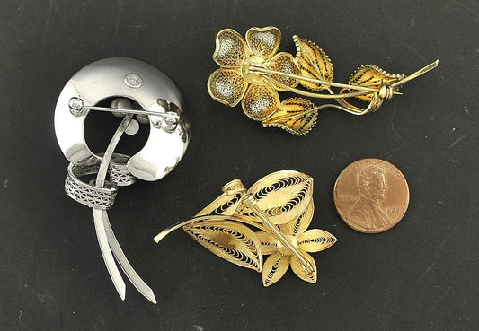 3 Silver Filigree Pins/Brooch Sterling Silver 800 Purity Floral Genuine Pearls