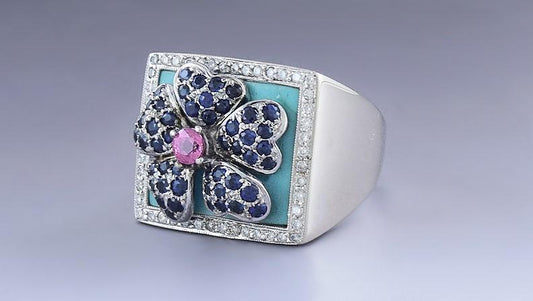 Stunning 18k White Gold Turquoise Blue & Pink Sapphire Diamond Flower Ring
