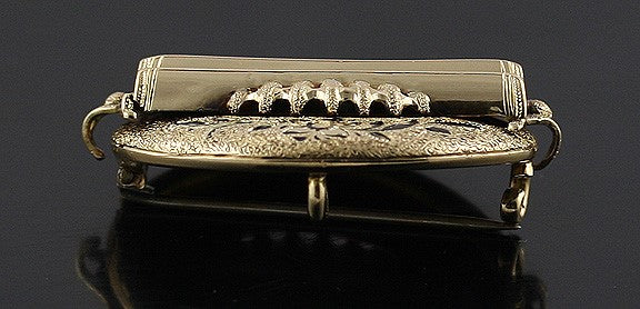 High Victorian 14k Yellow Gold Black Enamel Floral Pin Brooch