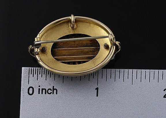 High Victorian 14k Yellow Gold Black Enamel Floral Pin Brooch