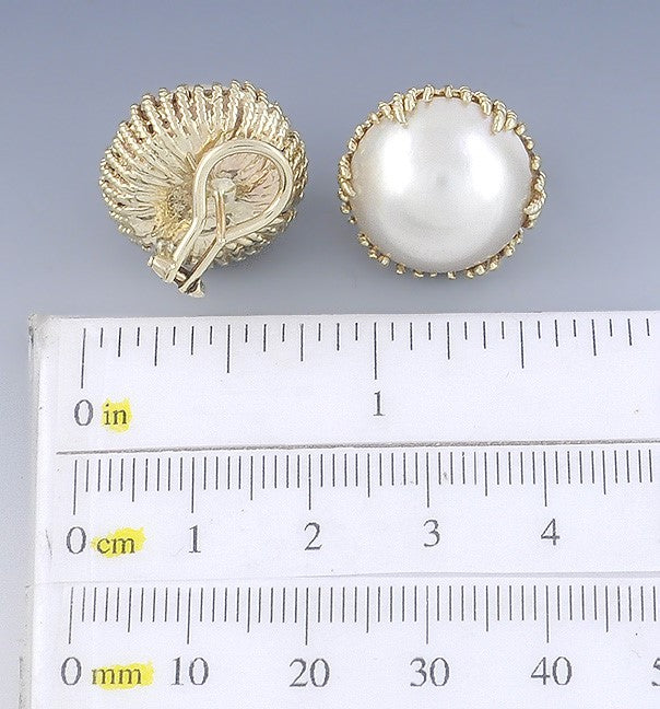 Stunning Pair 14k Yellow Gold and Mabe Pearl Earrings Omega Back