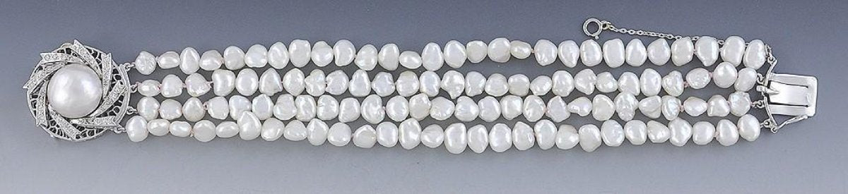 Fine 14K White Gold and Pearl Bracelet w/ Diamonds