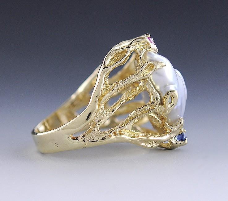 Baroque Pearl 14k Yellow Gold Cocktail Ring w/ Blue & Pink Sapphires Size 9.5