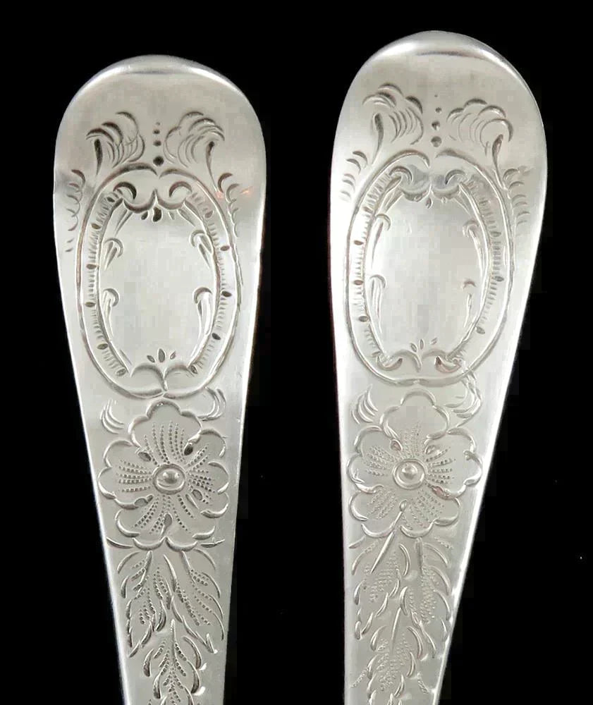 2 Antique 1771 English Sterling Silver Fruit Bowl Warrior Crest Serving Spoons