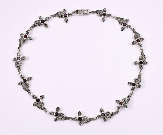 Fabulous Sterling Silver Necklace from Thailand w/ Red Garnets and Marcasites