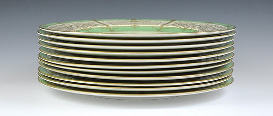 Fantastic Set 11 Cream Green and Gilded 1929 Royal Worcester Dinner Plates