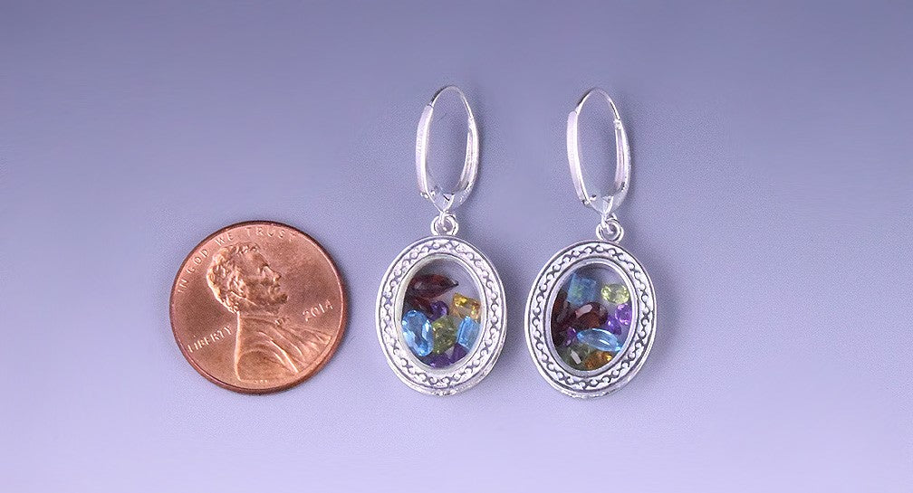Pair of Sterling Silver Rainbow Gemstone Dangling Pierced Earrings
