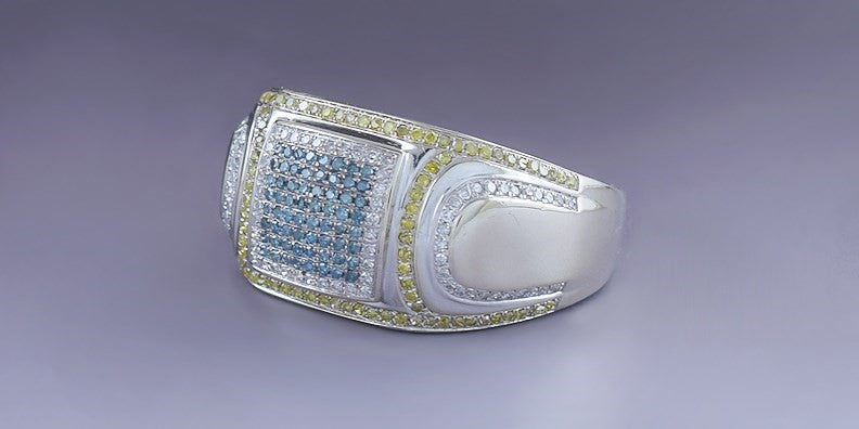 Striking 14k White Gold Blue Yellow White Diamond ~1.25ct Ring Band sz 10.5