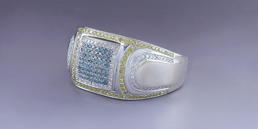 Striking 14k White Gold Blue Yellow White Diamond ~1.25ct Ring Band sz 10.5