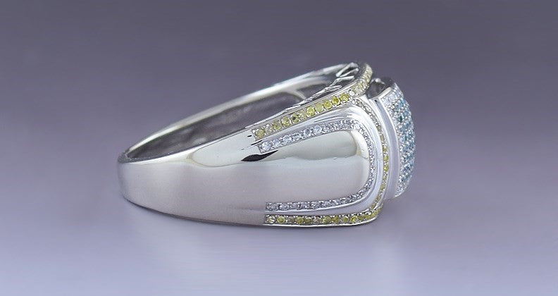 Striking 14k White Gold Blue Yellow White Diamond ~1.25ct Ring Band sz 10.5