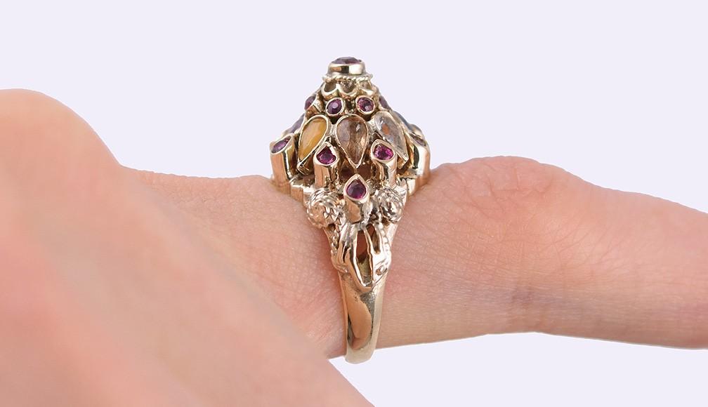 Luscious 10k Yellow Gold Tiered Dome Multi Gemstone Ring Citrine Ruby Sapphire