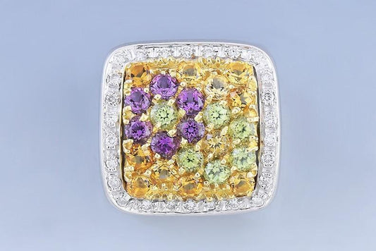 Charming 18k White Gold Diamond Gemstone Floral Spring Pendant & Earring Set