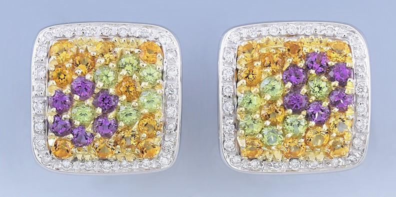 Charming 18k White Gold Diamond Gemstone Floral Spring Pendant & Earring Set