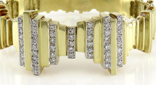 Retro Geometric Style 14K Yellow Gold Natural Diamond Thick Bangle Bracelet