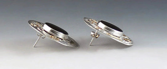 Wonderful Pair of Gold Silver and Onyx Pierced Earrings by David Epstein VT