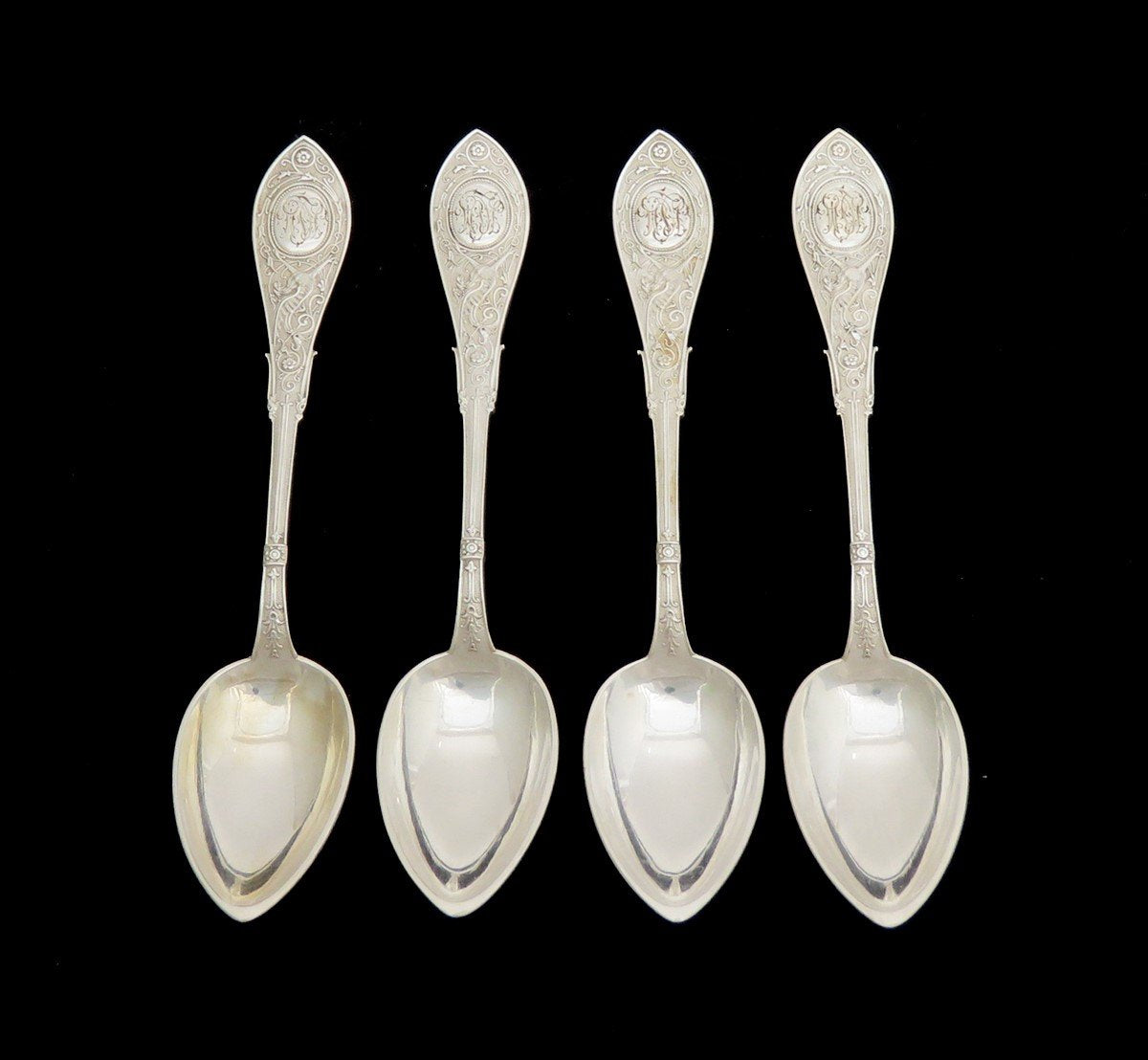 Superb Set 4 Antique German 800 Silver Arabesque Teaspoons Spoons