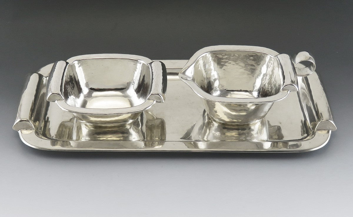 Antique Arts & Crafts German 835 Silver Tea Creamer Sugar Bowl Tray Set