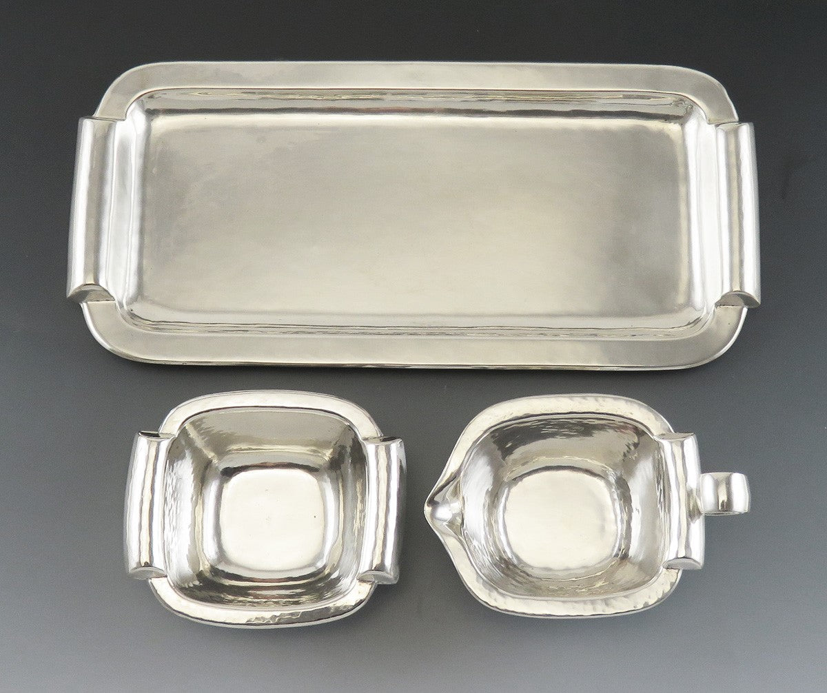 Antique Arts & Crafts German 835 Silver Tea Creamer Sugar Bowl Tray Set
