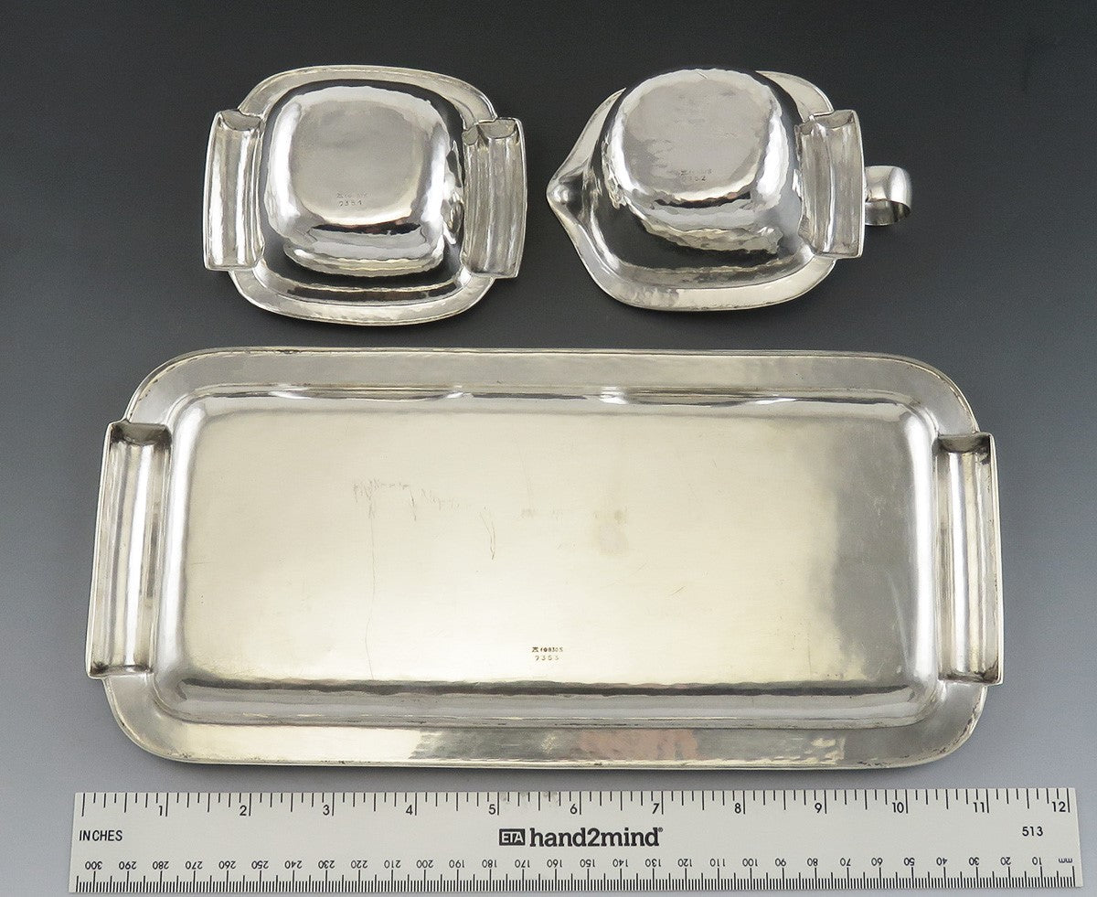 Antique Arts & Crafts German 835 Silver Tea Creamer Sugar Bowl Tray Set
